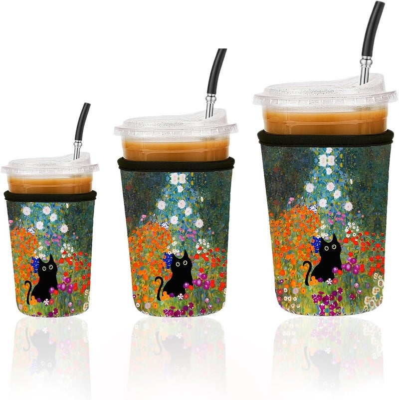 Haevola Reusable Insulated Neoprene Iced Coffee Cup Sleeve, Durable Drink Sleeve for Cold Beverages, Beverage Holder for Iced Coffee (Meow Blooms) - Image 1